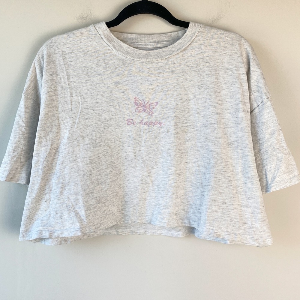 Womens Butterfly Be Happy Cropped Tee M Grey‎ Graphic Soft Girl Coquette